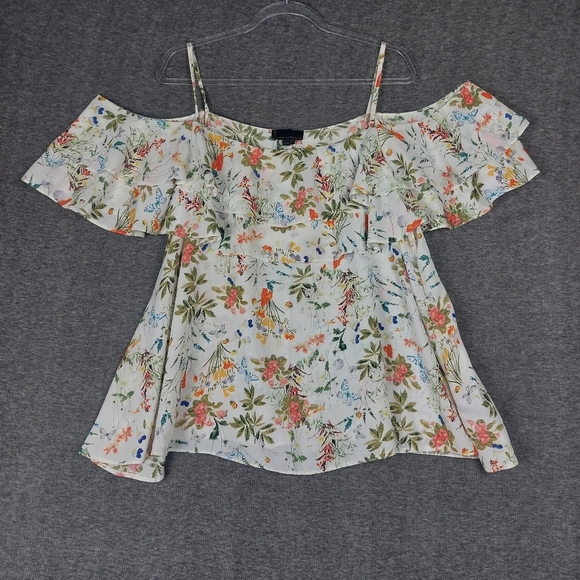 i jeans by Buffalo Tops - I JEANS BY BUFFALO WOMENS WHITE FLORAL FLUTTER SLEEVE COLD SHOULDER BLOUSE SZ XL